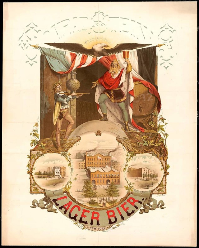 Advertising poster, beverage advertisement, advertising poster from 1877 promotes Conrad Stein's lager beer from New York. The picture shows a king raising a glass of beer, flanked by an eagle and a depiction of the brewery, authentic reproduction of a historical advertising poster, advertising sign, in high resolution
