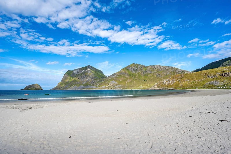 Haukland white sandy beach and green mountains, Vestvågøya, Lofoten, Nordland, Norway
