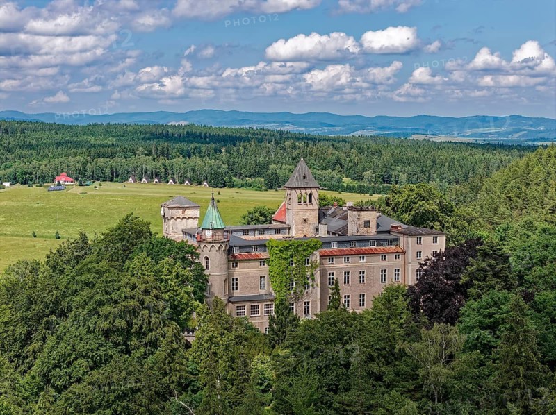 Waldstein Castle, Zamek Lesna Skala, near Szczytna, German Rückers, in the Heuscheuergebirge National Park, Park Narodowy Gopr Stolowych, is located in the Central Sudetes, Lower Silesia, in southwestern Poland. aerial view. Szczytna, Lower Silesia, Poland