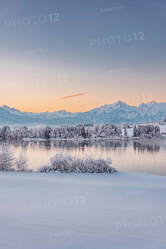 Dawn and sunrise at the wintry Forggensee in a snow-covered winter landscape in the foothills of the Alps in the Allgäu in Bavaria, Germany