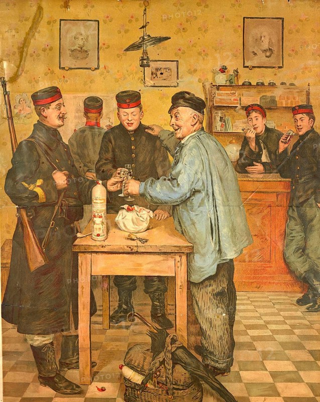 Advertising poster, drinks advertisement, advertising poster for the herbal liqueur Elixir De Kempenaar, created in 1908 by the Belgian artist and illustrator Ernest Godfrinon (1878–1927), depicting a convivial pub scene in which Belgian soldiers in period uniforms are raising a glass together with an elderly local at a wooden table, an authentic reproduction of a historical advertising poster or sign, in high resolution