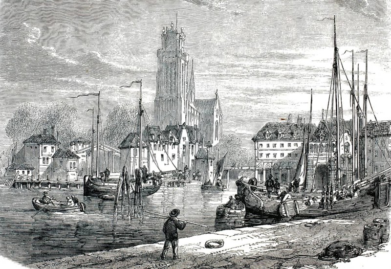 Historical view of the port of Dordrecht in the Netherlands. In the background is the characteristic tower of the Grote Kerk, 1860, authentic, high-resolution reproduction from a 19th century original, exact date of depiction unknown, historical