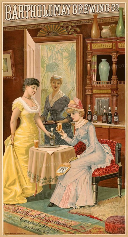 Advertising poster, beverage advertisement, advertising illustration of Bartholomay Brewing Co. from Rochester, New York, which dates back to 1885. The scene depicts woman in Victorian clothing in an upscale setting presenting and consuming the company's beer, authentic reproduction of a historic advertising poster, advertising sign, in high resolution