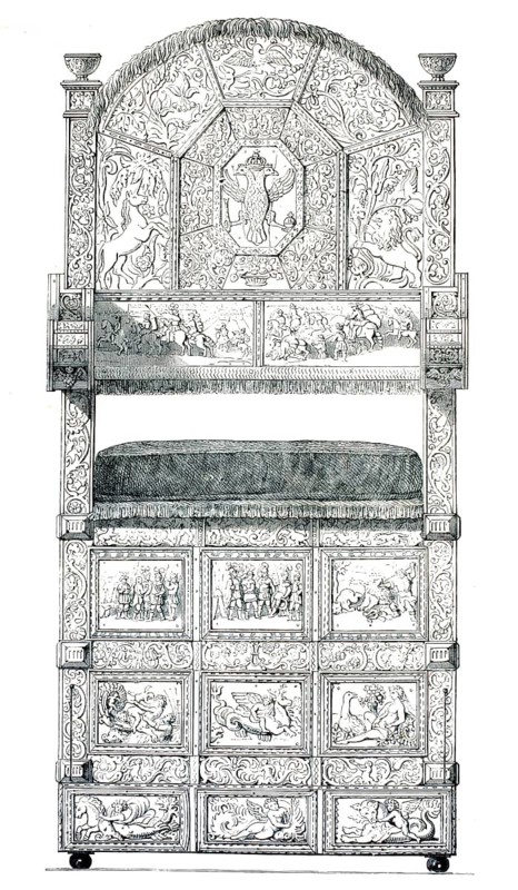 Ivory throne of Tsar Ivan III from the Kremlin armory, which has detailed carvings depicting scenes of Russian history, 1870, authentic, high-resolution reproduction from a 19th-century model, exact date of depiction unknown, historical