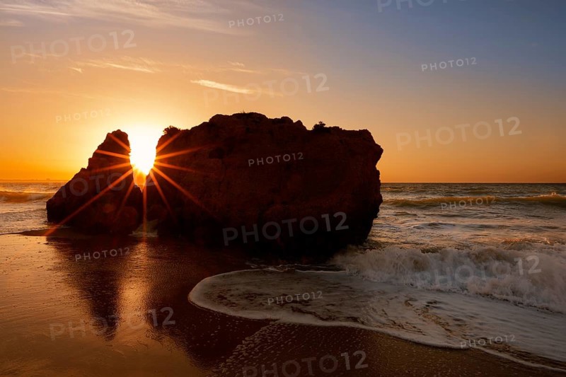 Rocks on the coast at sunrise, Praia Dona Ana, Lagos, Algarve, Portugal