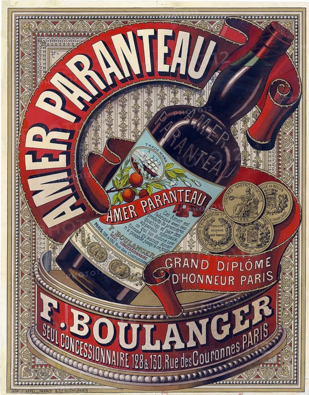 Advertising poster, beverage advertisement, poster advertising a French aperitif or stomach bitter Amer Paranteau distributed by F. Boulanger, authentic reproduction of a historical advertising poster, advertising sign, in high resolution