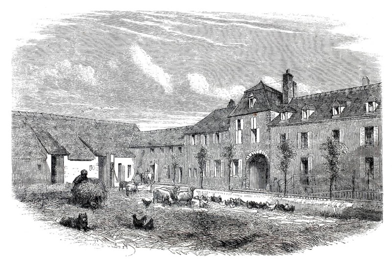 Ferme d'Eprunes in the department of Seine-et-Marne. A prime example of a modern, clean and economically successful estate. In contrast to older farms characterized by disease and poverty, an orderly courtyard area with animals and well-maintained farm buildings is shown here, France, authentic, high-resolution reproduction of a model from the 19th century, exact date of presentation unknown, historical