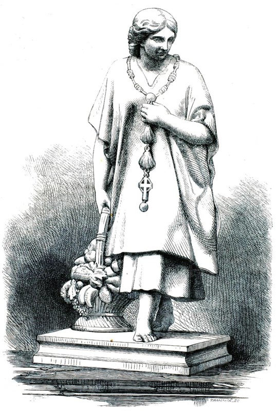 Statue of a female pilgrim from Guatemala. The figure is wearing a wide tunic that is reminiscent of a colonial cape or poncho. In her hand she holds a heavy rosary or a ceremonial cord decorated with tassels and a large isosceles cross, 1860, authentic, high-resolution reproduction of a model from the 19th century, exact date of depiction unknown, historical