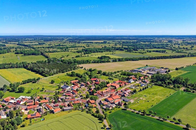 Mannhausen, a district of the municipality of Calvörde, in the district of Börde in Saxony-Anhalt, is located on the edge of a shallow water zone in the UNESCO Drömling Biosphere Reserve. aerial view. Mannhausen, Calvörde, Saxony-Anhalt, Germany