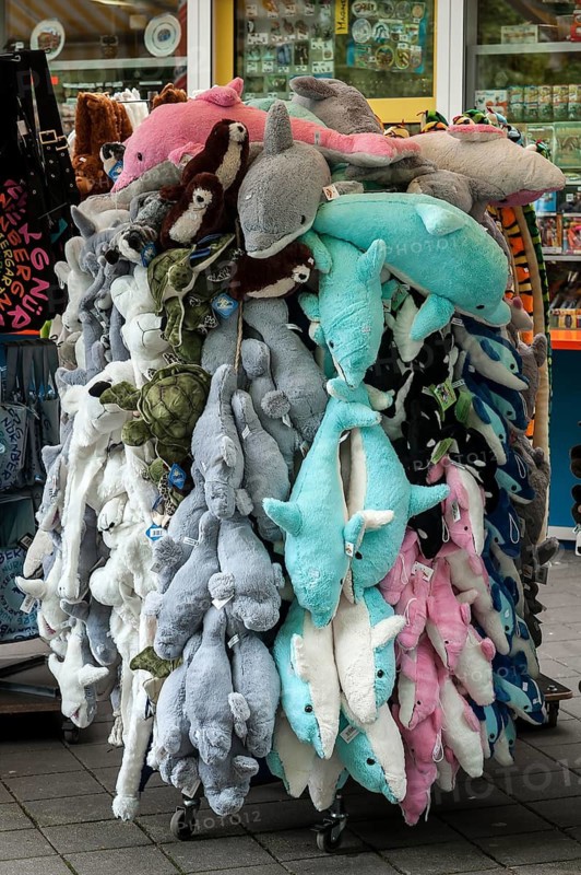 Stuffed animals as souvenirs at a sales stand, Tiergarten, Nuremberg, Middle Franconia, Bavaria, Germany
