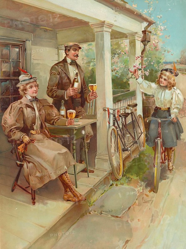 Advertising poster, beverage advertisement, advertising poster for beer from 1898 depicting a family resting after a bike ride. An elegantly dressed man with a moustache and a woman in contemporary cycling clothing with voluminous sleeves and hats sit on the porch enjoying beer made from glasses. A young girl approaches on a bicycle and hands them flowers, authentic reproduction of a historical advertising poster, advertising sign, in high resolution