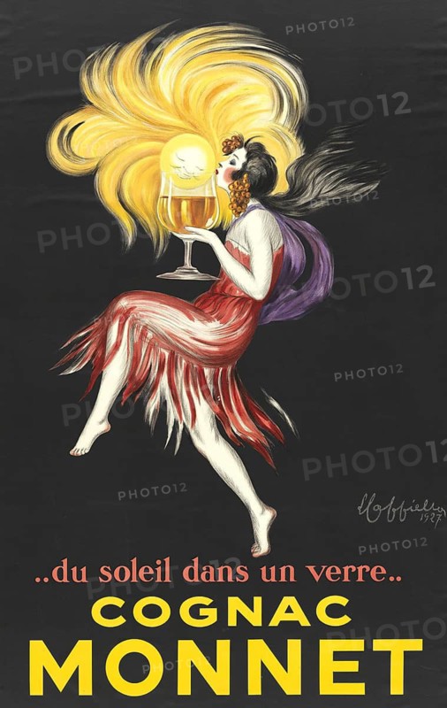 Advertising poster, beverage advertisement, cognac Monnet advertising motif by Leonetto Cappiello from 1927. The graphic depicts a dancing woman in a red dress holding a glass of cognac against a black background, authentic reproduction of a historical advertising poster, advertising sign, in high resolution