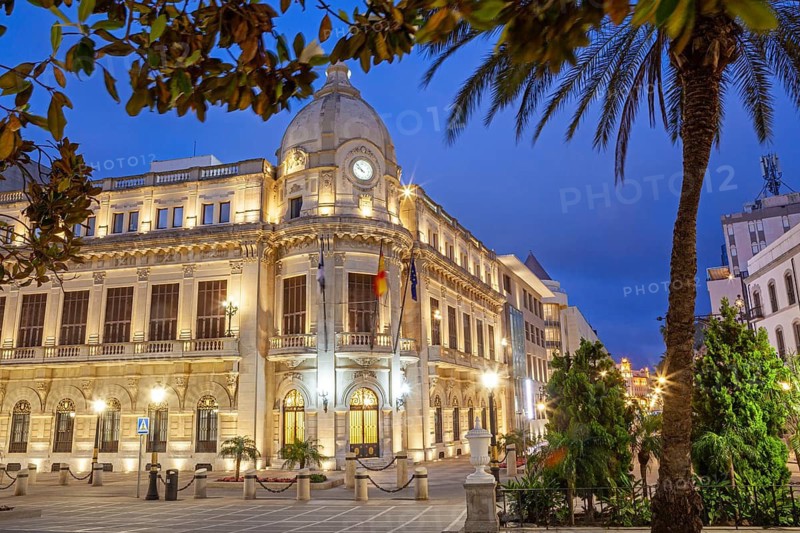Night view of the Assembly palace at the historic centre of Ceuta, Spain, North Africa