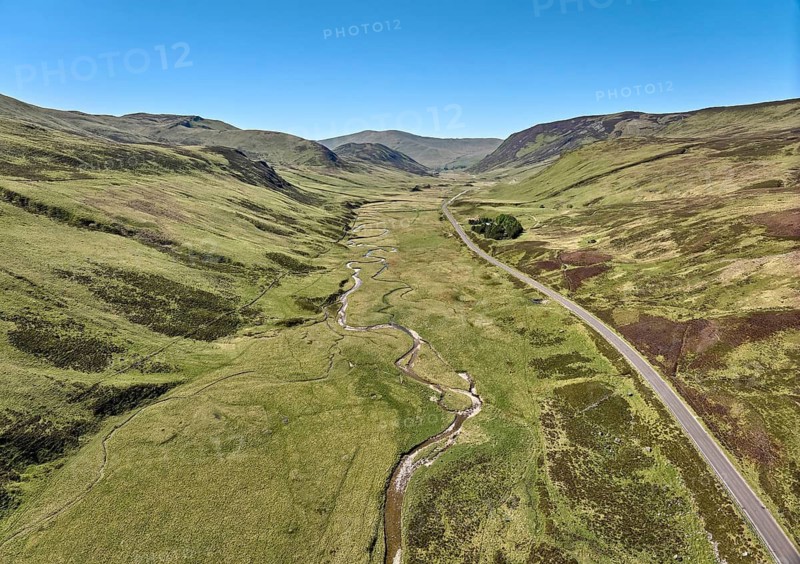 Aerial drone view of the highland landscape in the Cairn Gorm National Park, Scotland, UK