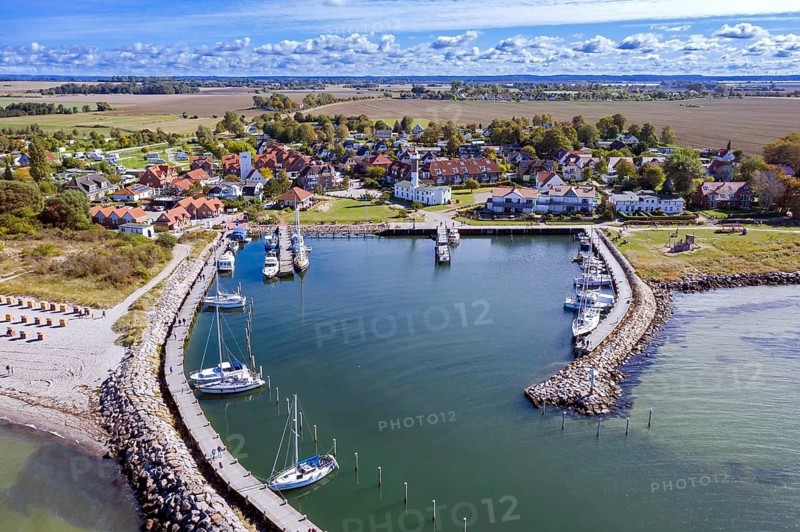 Aerial view over sailing boats and in the marina, harbour of Timmendorf Strand, Insel Poel, island in the Baltic Sea, Mecklenburg-Vorpommern, Germany
