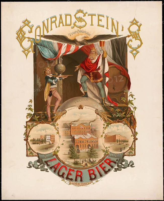 Advertising poster, beverage advertisement, advertising poster for Conrad Stein's lager beer from New York, created around 1877. The poster was produced by Wittemann Brothers and shows the legendary beer king Gambrinus lifting a glass of beer, authentic reproduction of a historical advertising poster, advertising sign, in high resolution