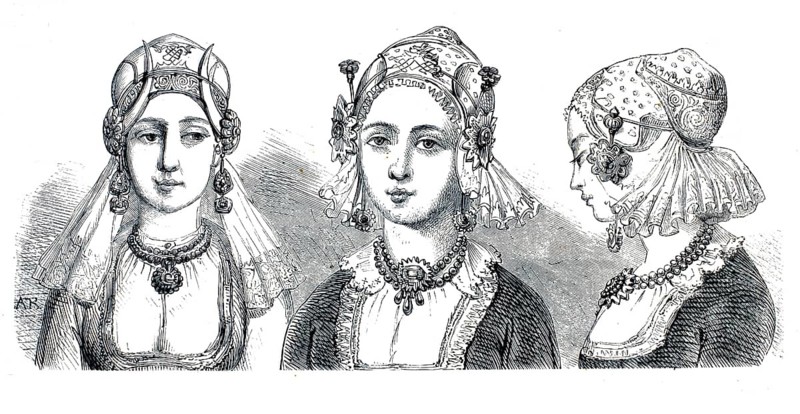 Women's headdresses, bonnets and hairstyles from the 16th century, Holland, Friesland. Richly decorated, tight-fitting bonnets, with fine embroidery, lace braids or beadwork, visible decorative pins and side rosettes, wide, multi-row necklaces and intricate jewelry pendants, authentic, high-resolution reproduction from a 19th century original, exact date of presentation unknown, historical