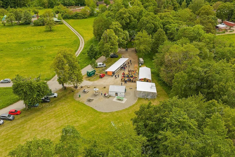 Assembly in a wooded area with tents and people, Father's Day, Forest Festival, Aidlingen, Böblingen district, Germany