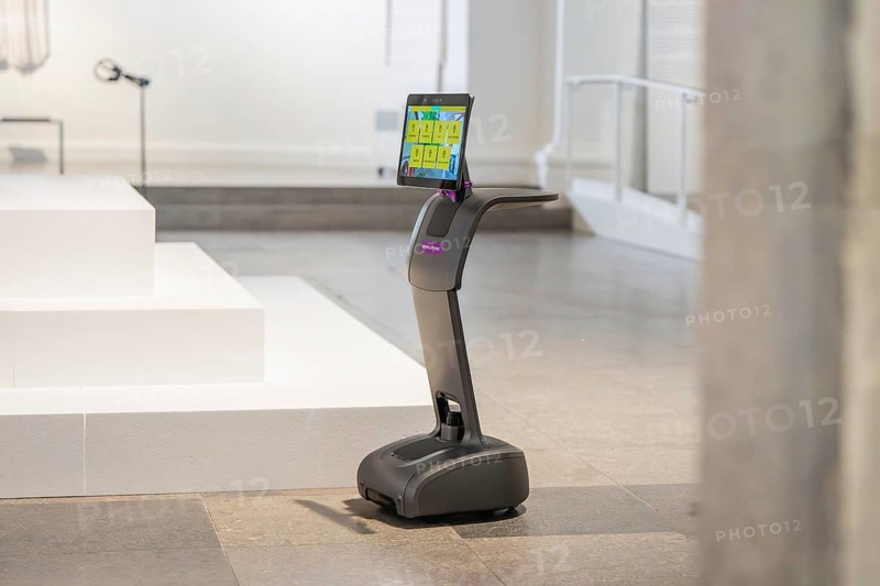 A grey, futuristic robot in an open, modern space, museum robot Robolutions, Christian Schad Museum, Aschaffenburg, Germany