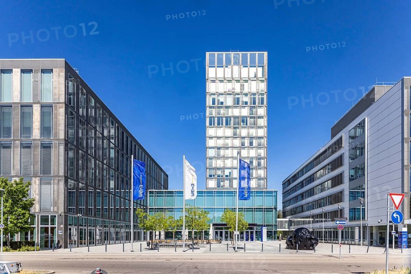 EnBW City Stuttgart. Office building and logo of the energy provider Energie Baden-Württemberg, EnBW. Stuttgart, Baden-Württemberg, Germany
