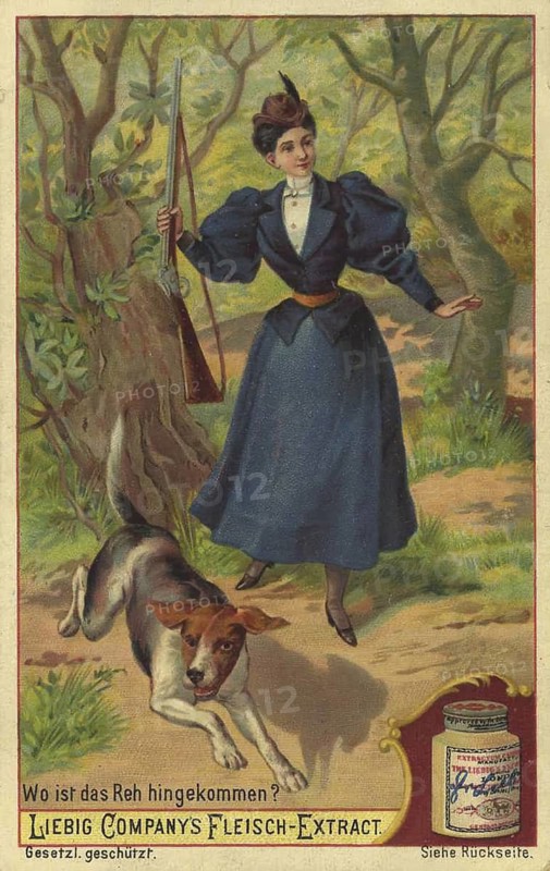 Picture series Search game puzzles, Where is the deer? an elegant woman in hunting clothes with a rifle and a dog in the forest, picture of love, digitally restored reproduction of a collector's painting from around 1900, exact date unknown