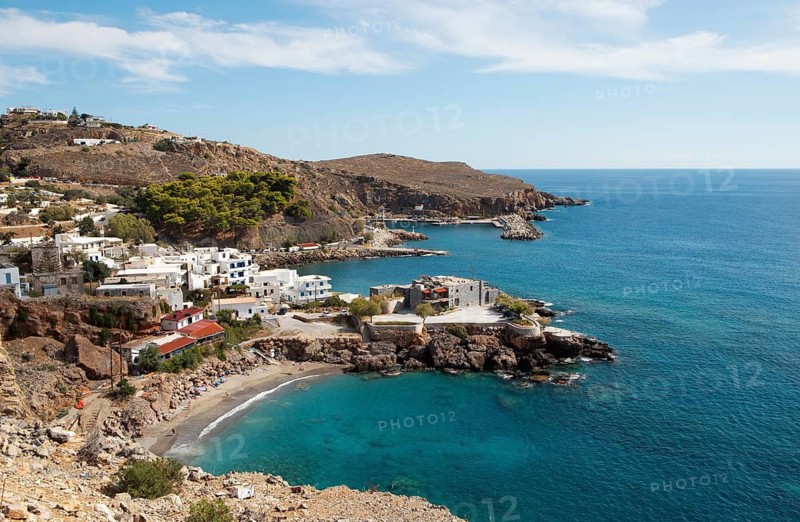 View of Chóra Sfakion on the Libyan Sea, with the Leka Ori or White Mountains in the back, Sfakia Municipality, Chania Regional Unit, Crete, Greece
