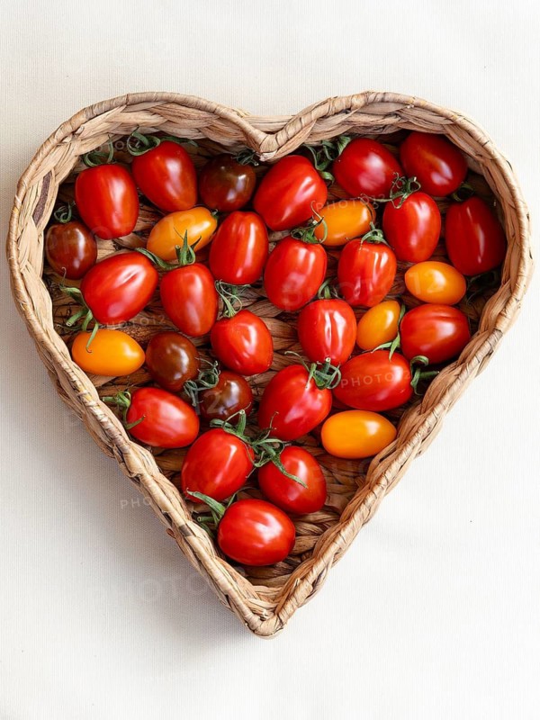 Hearty freshness. Colourful mix of fresh and crunchy tomatoes in a heart basket