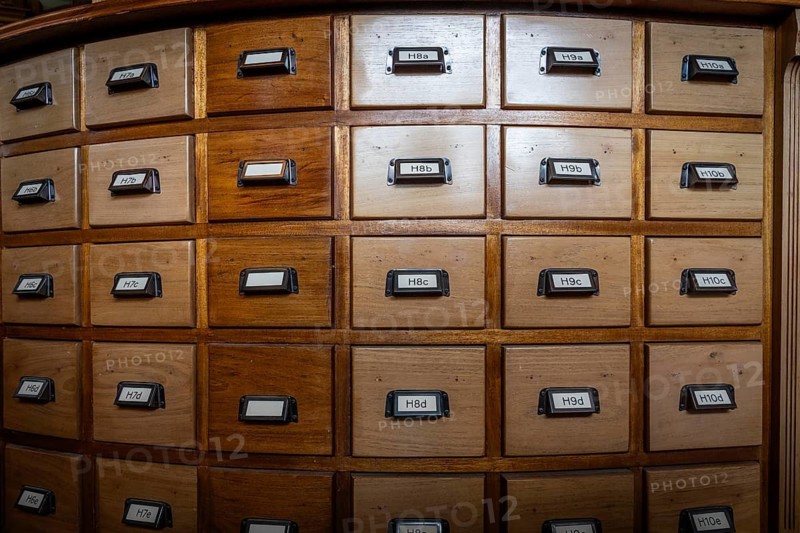 Cabinet with drawers, Svaneapoteket (Swan Pharmacy) from 1907, at the Jugendstilsenteret og KUBE Museum, Ålesund (or Alesund), Møre og Romsdal County, Norway