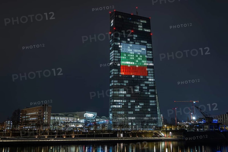 The façade of the European Central Bank (ECB) in Frankfurt am Main will be illuminated with a light show to mark the introduction of the euro in Bulgaria on 1 January 2026, Frankfurt am Main, Hesse, Germany