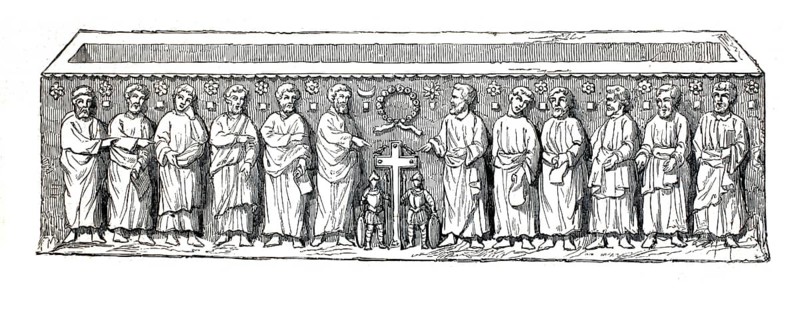 Drawing of an early Christian sarcophagus. In the centre is a Latin cross, symbolising victory over death. Above the cross is a laurel wreath (corona triumphalis), which often contains the Christ monogram (XP) . Two Roman soldiers are seated or standing at the foot of the cross. The central cross is flanked by the twelve apostles. They are wearing Roman togas and some are holding scrolls in their hands, an authentic, high-resolution reproduction of a 19th-century original, exact date of the depiction unknown, historical