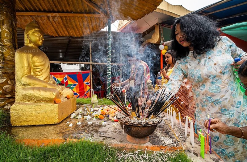 Devotees pray to Lord Buddha on the occasion of Buddha Purnima or Vesak Day that commemorates Gautam Buddha's birth anniversary, at a monastery in Assam, India on 12 May 2025