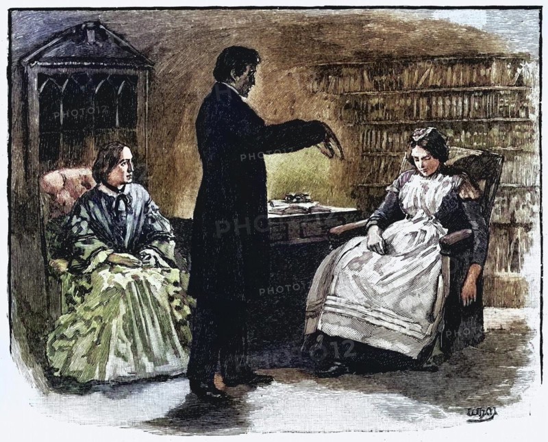 Male hypnotist putting a young woman into a hypnotic trance. Wood engraving, 1891, Historic, digitally restored reproduction from a 19th century original, Record date not stated