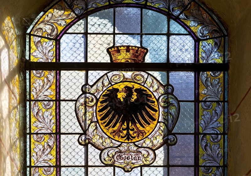 Stained glass window with the city coat of arms in the market church of St Cosmas and Damian, Goslar, UNESCO World Heritage Site, Lower Saxony, Germany