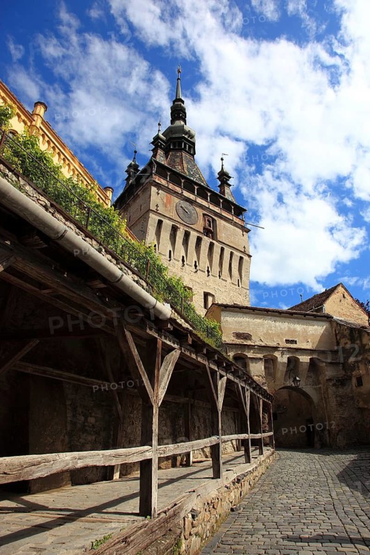 Romania, hour tower in the historic old town of Sighisoara, German Sighisoara, town in Mures district in Transylvania, UNESCO World Heritage Site