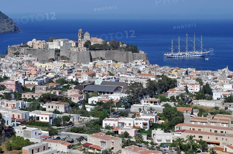 Royal Clipper, five-masted four-star luxury cruise ship and largest sailing ship in the world, off Lipari, Aeolian Islands, Sicily, southern Italy, Italy