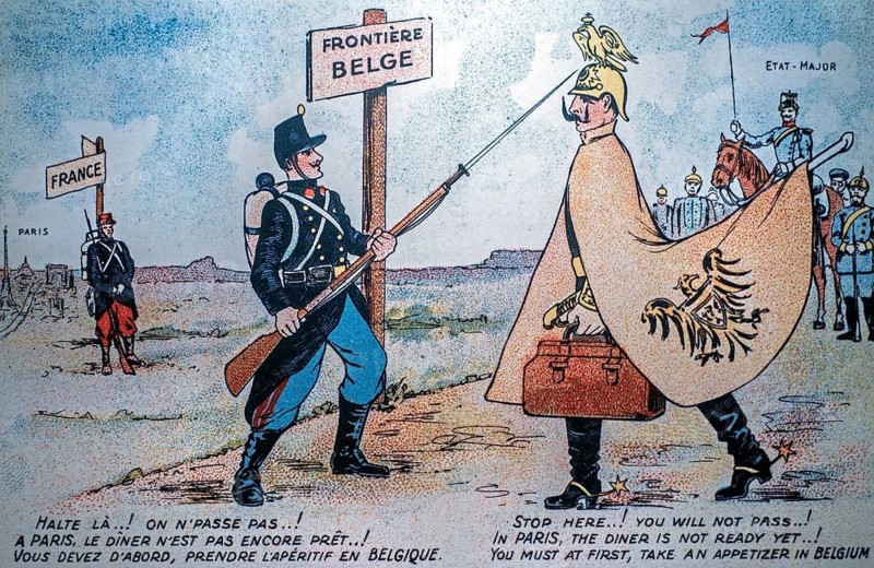 1914 cartoon showing Belgium protecting its border and, by extension, France during the First World War One