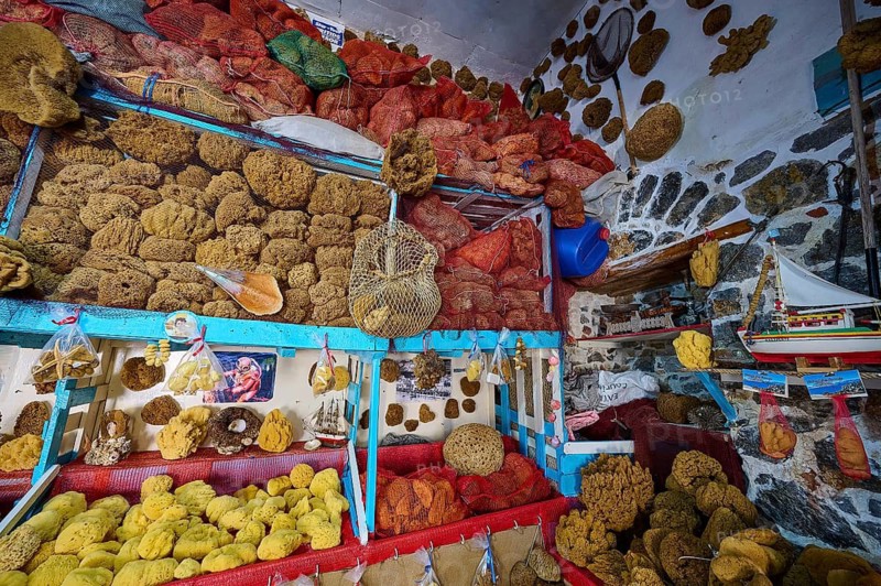 An extensive collection of natural sponges in various colors in a decorative shop, sponge factory, Nikolas Gourlas, Pothia, main town, port, Kalymnos, Sponge Diving Island, Dodecanese, Greek Islands, Greece
