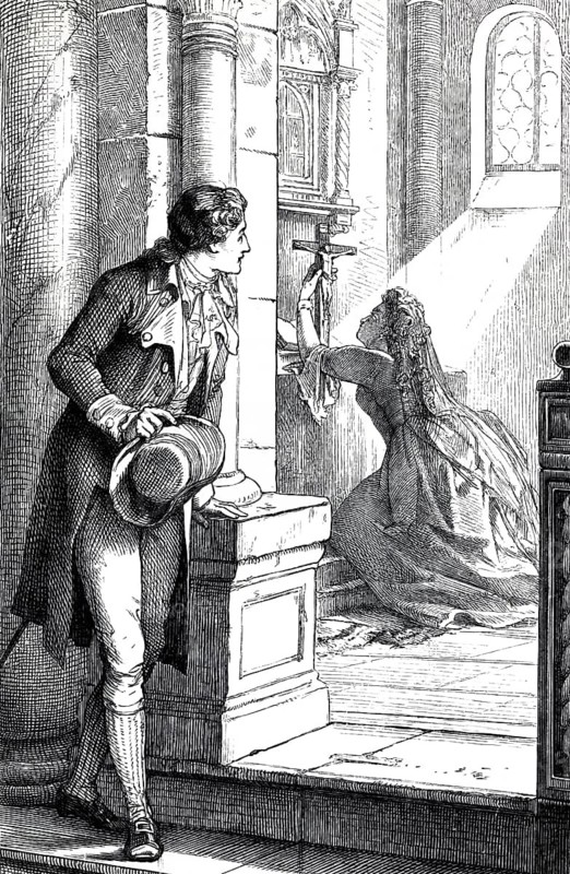 The prince and the girl in devotion, Friedrich Schiller, chronicle of the Thirty Years' War, stories and estate, history, poet, writer, history, history of war, Europe, Holy Roman Empire, confessional war, religious war, politics, power struggle, emperors, imperial estates, Protestantism, Catholicism, Peace of Westphalia, diplomacy, 17th century, enlightenment, historical source, literature, German cultural heritage, analysis, church, altar, crucifixion, ray of light, historical illustration 1876