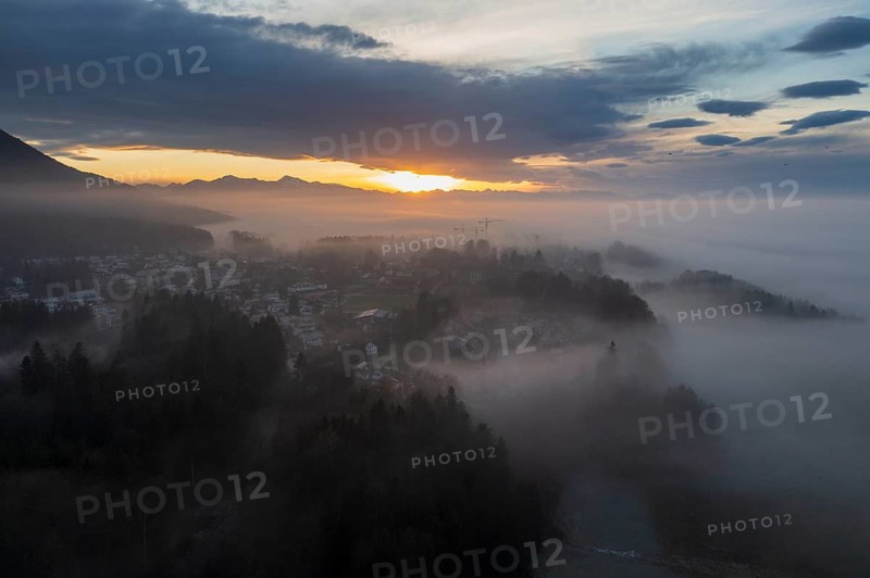 Sunset, with fog, Bad Heilbrunn, Upper Bavaria, Bavaria, Germany