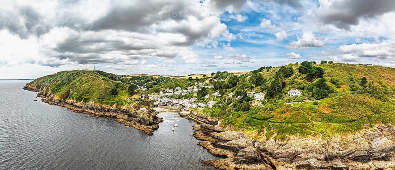 Panorama of Polperro Harbour and Village from a drone, Polperro, Looe, Cornwall, England, United Kingdom
