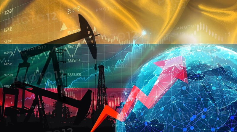 Global oil growth with Lithuanian flag. International oil exports with Lithuania flag on the economic chart