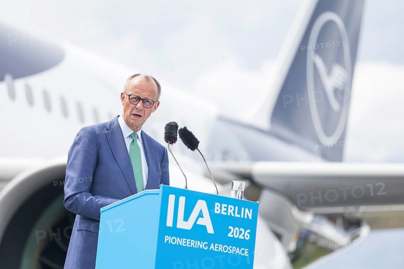 Friedrich Merz (Chancellor of the Federal Republic of Germany, CDU) during his speech at the ILA (International Aerospace Exhibition) on 10 June 2026 at the Berlin-Schönefeld Exhibition Centre