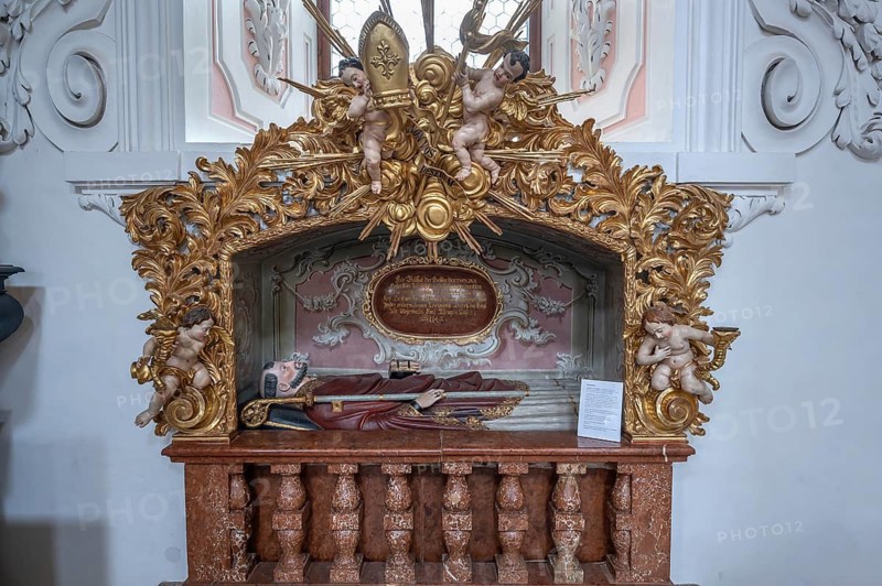 Tomb of Saint Berthold, the reclining sculpture depicts Abbot Berthold, made in 1330, parish church of the Assumption of Mary, Garsten, Upper Austria