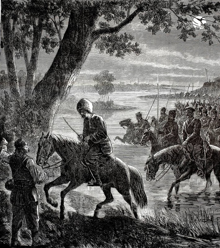 Russo-Ottoman War (1877–1878), Cossack horsemen crossing the Danube. In the foreground, a horseman can be seen talking to a man on the riverbank, whilst in the background mounted cavalry with lances wade through the water, illustration, reproduction of a 19th-century original. Authentic, file restored for optimal use, exact date of the original unknown, historical