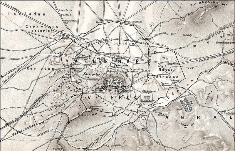 Historical map of ancient Athens, Greece, Europe, Historischer Stadtplan vom antiken Athen, Griechenland