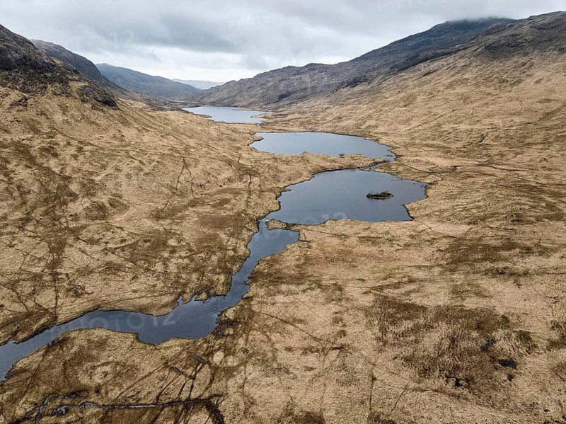 Aerial photo of the rough highland landscape on the Isle of Mull, Inner Hybrides, Scotland, UK