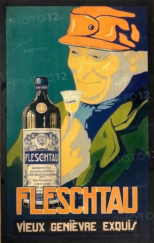 Advertising poster, beverage advertisement, advertising poster from the years 1928—1930 for the Genever brand Fleschtau, fine genever made from pure grain, distilled and purified according to the old system, authentic reproduction of a historical advertising poster, advertising sign, in high resolution