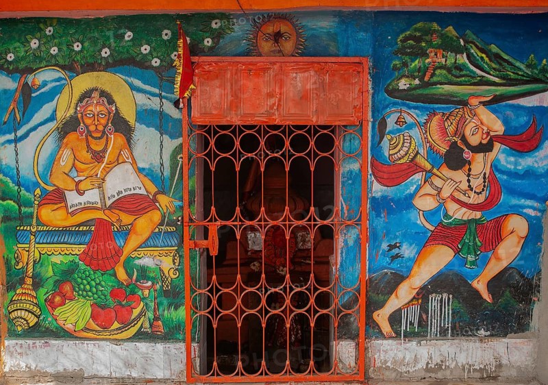 Mural painting on the wall of a hindu temple (Sonepur, Odisha, India) . Paintings in honour of Hanuman, the monkey god in hinduism