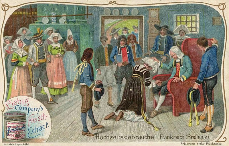 Picture series wedding customs, a traditional wedding scene in Brittany, France. People in typical Breton costumes of the 19th century. In the centre a woman (presumably the bride or a supplicant) kneels in front of a seated older man in festive dress, while guests in folk costumes look on, Liebig picture, digitally restored reproduction of a collector's picture from around 1900, exact date unknown