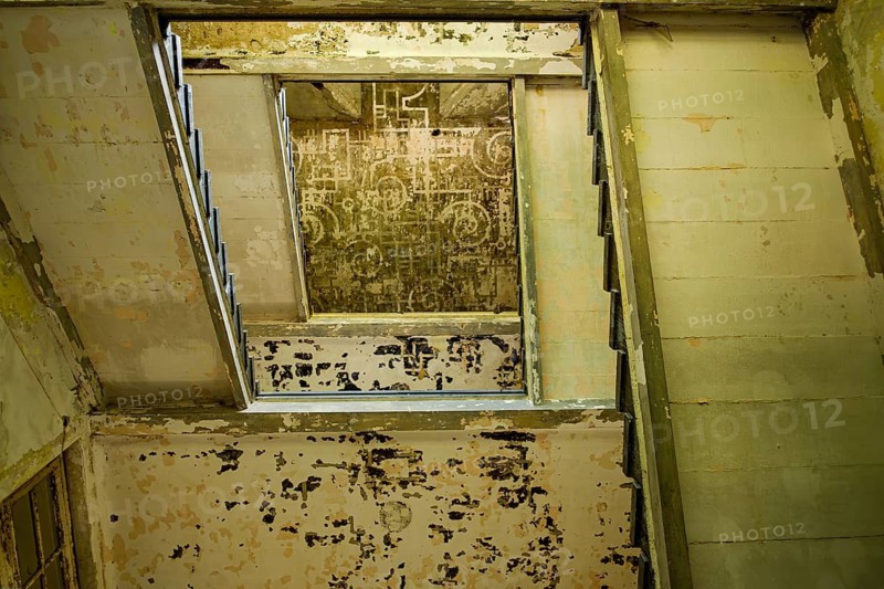 Dilapidated stairwell, former lung hospital and lost place health resort Grabowsee, Oranienburg, Brandenburg, Germany